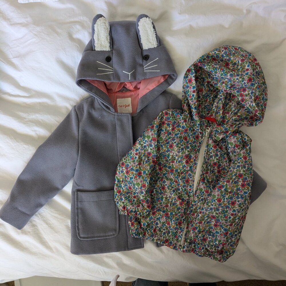 Jacket bundle- hooded bunny coat + floral rain jacket/windbreaker with hood